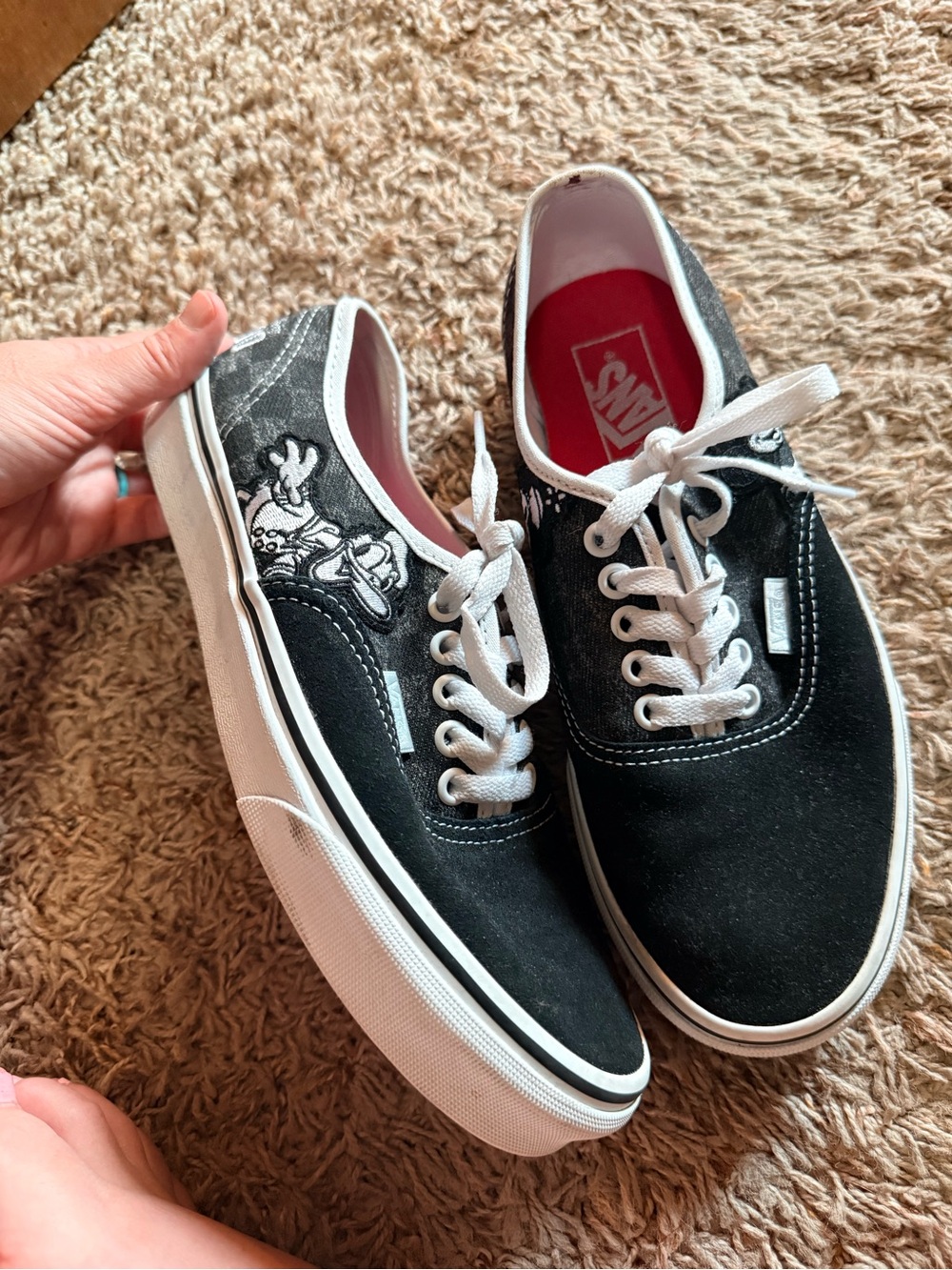 Vans Black and White Disney Low-Top Sneakers with Red Insole